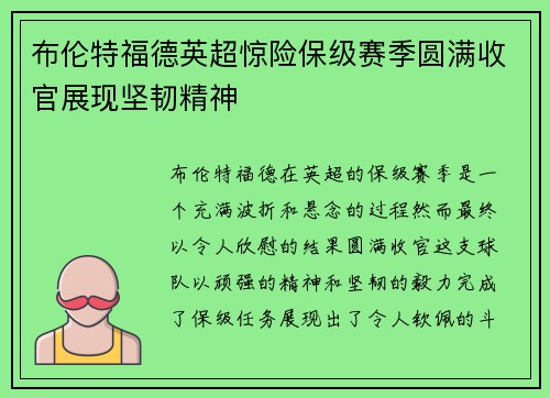 布伦特福德英超惊险保级赛季圆满收官展现坚韧精神