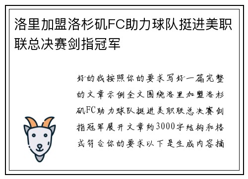 洛里加盟洛杉矶FC助力球队挺进美职联总决赛剑指冠军